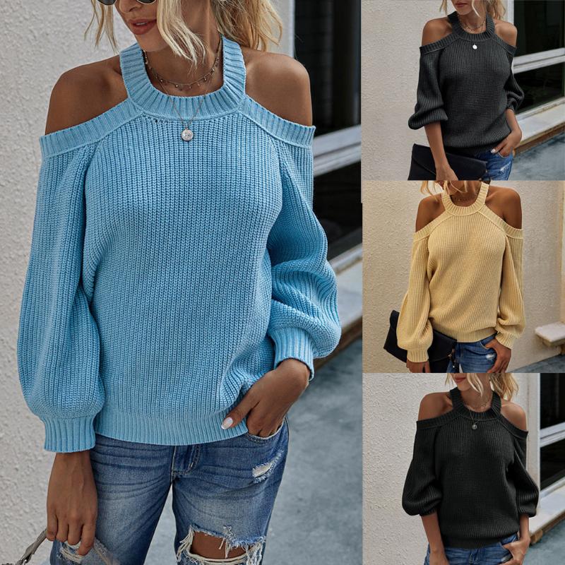 

Autumn Long Sleeves Sweater Women Sweet Solid Color O-Neck Knitted Pullover Strapless Sweater Tops Slim Jumpers Pull Femme #A, Ye