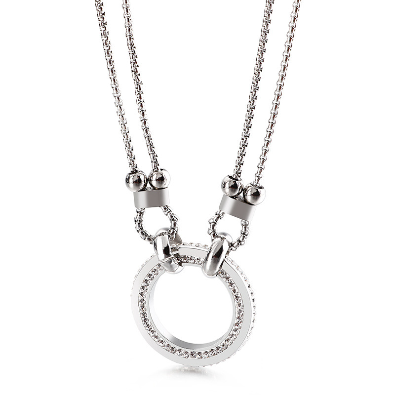 

New Fashion Round Women's Necklace pendant Korean Style Titanium Steel CZ Stones Double Necklace