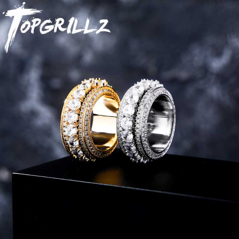 

Mens Gold Silver Color Spinner Ring Copper Charm Cubic Zirconia Ring Iced Out Fashion Hip Hop/Punk Jewelry For Gifts