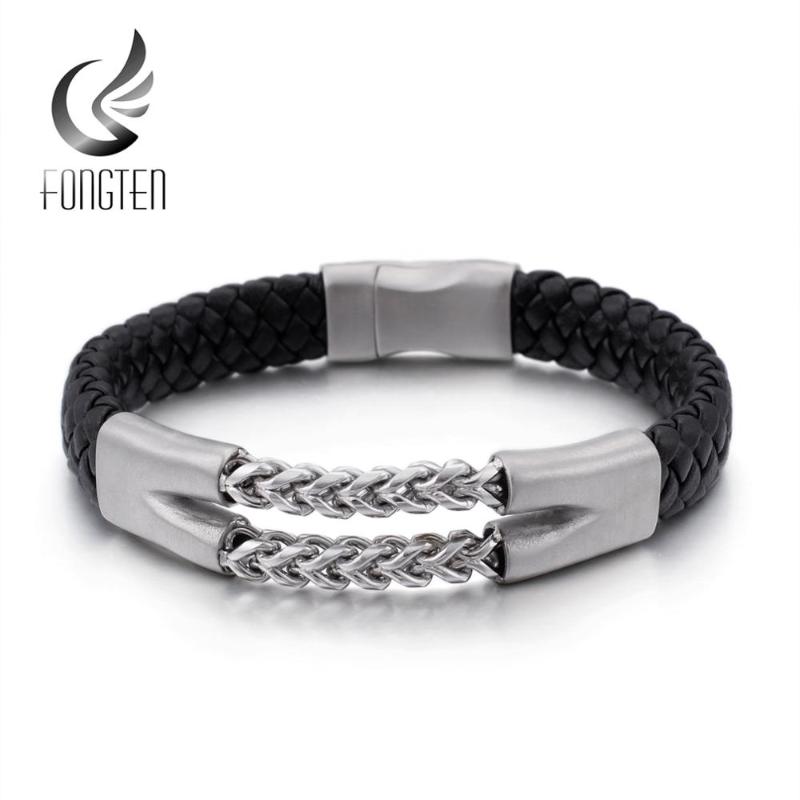 

Fongten Black Cowhide Braid Leather Men's Bracelet Stainless Steel Chain Charm Bracelets