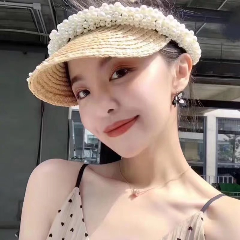

2020 New Women Pearl Headband Hat Raffia Visor Caps For Girls Beach Hats Braided Fashion Cap Lady Summer Straw Sun Hat, Khaki