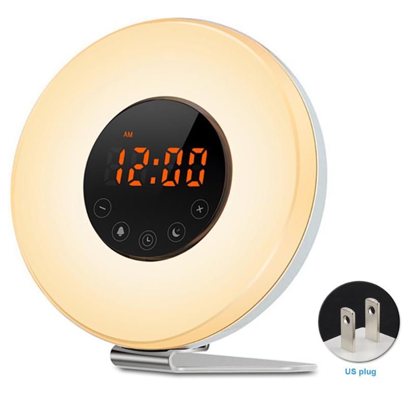 

Night Light Snooze Alarm Clock With FM Radio LED Touch Simulation Sunset Sunrise Bedside Lamp Wake Up Round Smart Time Display