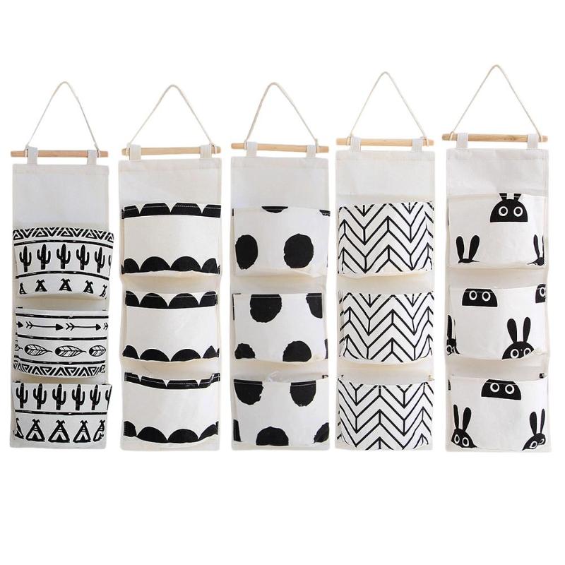 

Black white Pattern Cotton Linen Hanging Storage Bag 3 Pockets Wall Mounted Wardrobe Hang Bag Wall Pouch Cosmetic Toys Organizer