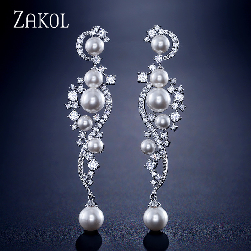 

ZAKOL Vintage Pearl Wedding Party Jewelry Luxury Gorgeous Cubic Zirconia Big Long Bridal Earring for Women FSEP2272