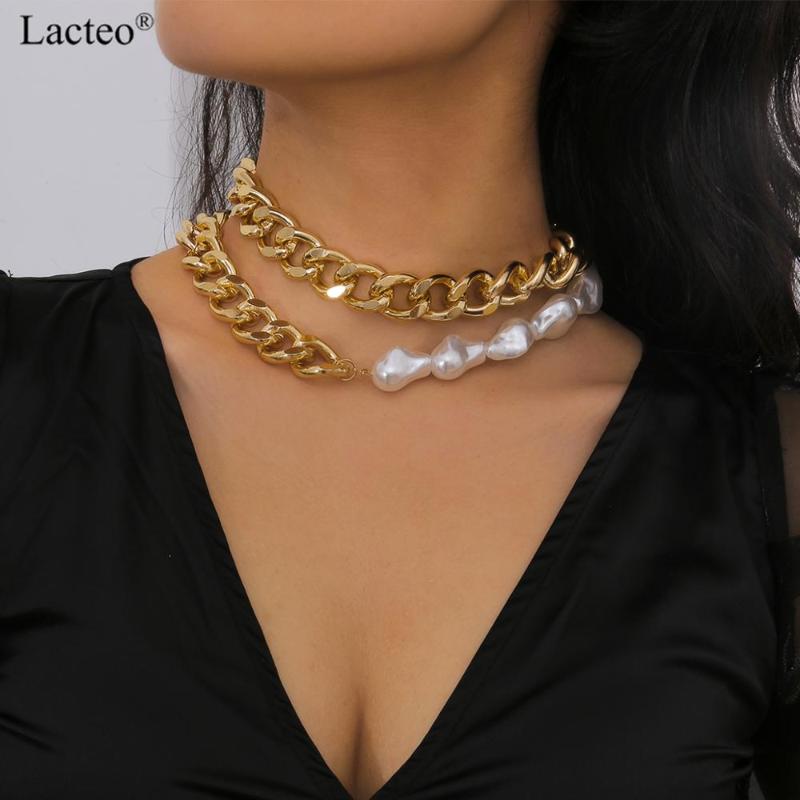 

Lacteo Exaggerated Thick Chunky Chain Choker Necklace Vintage Double Layer Imitation Pearl Chain Fashion Necklace for Women