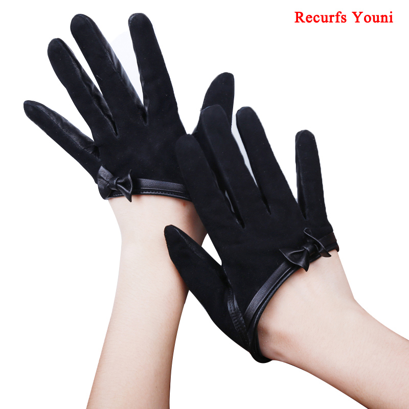 

Winter Women 100% Suede Genuine Leather Half Palm Gloves Female Real Leather Bow-knot Black/Wine Red Fahion Show Flip Fur Luvas