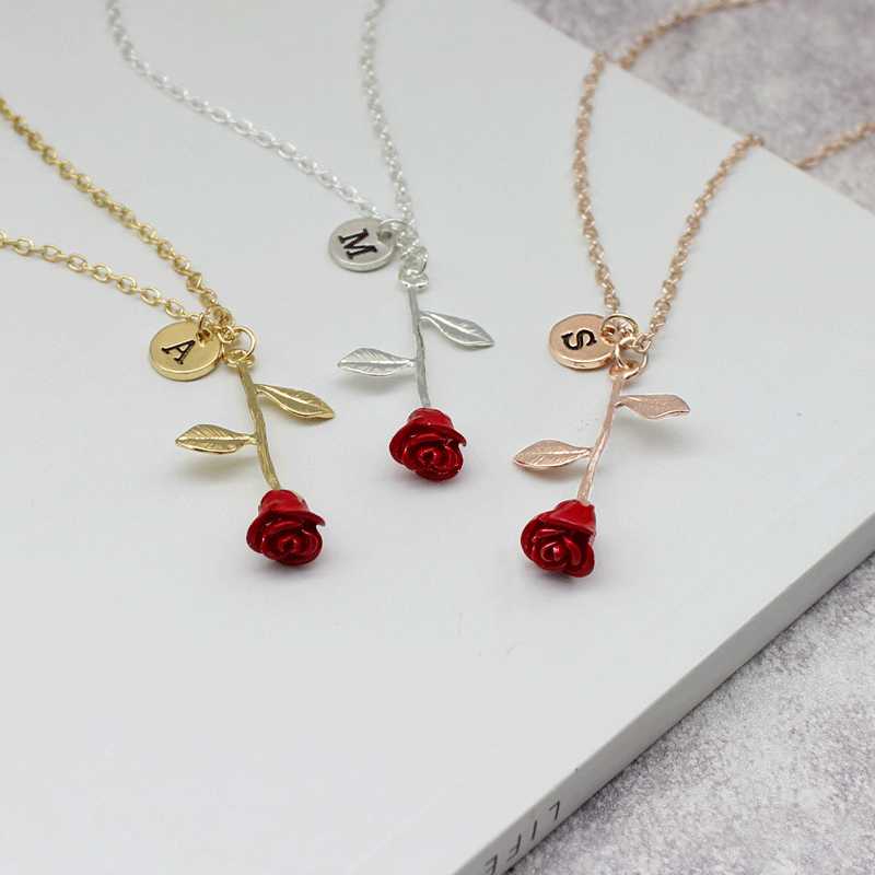 

26 Letters Exquisite Carving Name Red Rose Necklace Pendant Flower Choker Fashion Woman Charm Pendant Valentine's Day For Women