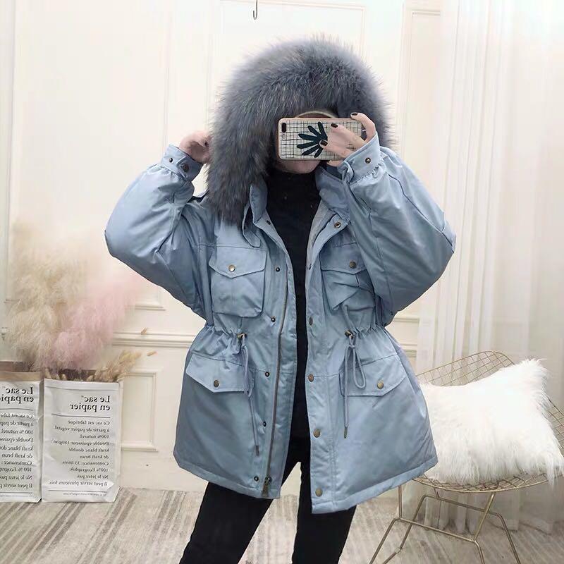 

Ailegogo White Duck Down Coat Women Winter Jackets Large Natural Raccoon Fur Hooded Parkas Female Sash Tie Up Warm Snow Outwear, Beige