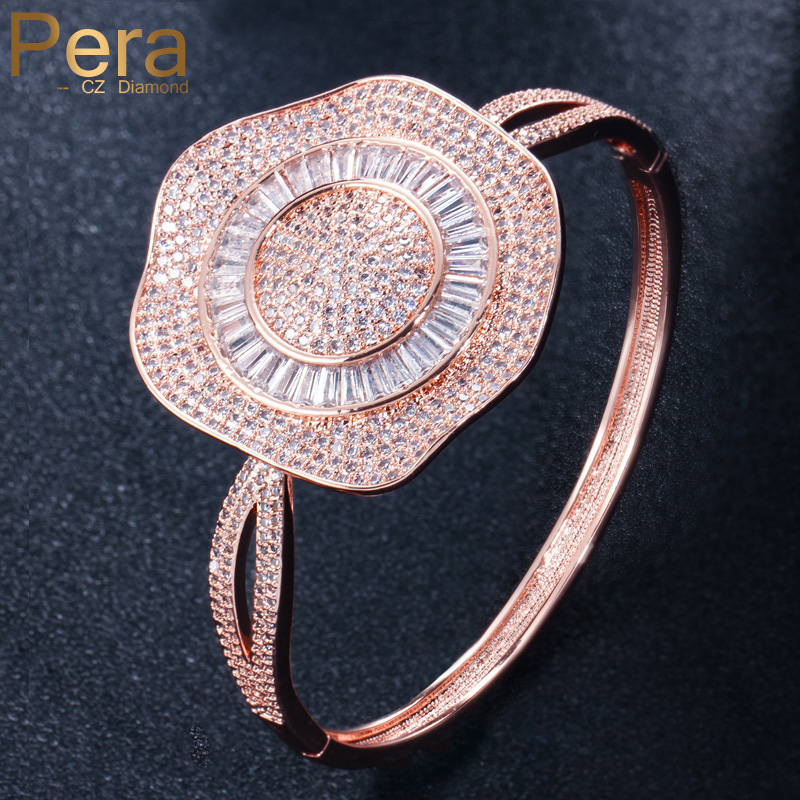 

Pera Luxury Rose Gold Regular Size Jewelry Big Round Shape Cubic Zirconia Open Cuff Fashion Bangle for women Z020