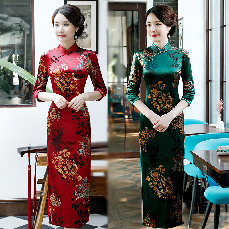 

New Spring Ladies Velour Cheongsam Chinese style Mandarin Collar Long Dress Womens Qipao Slim Party Dresses Vestido -5XL, Red