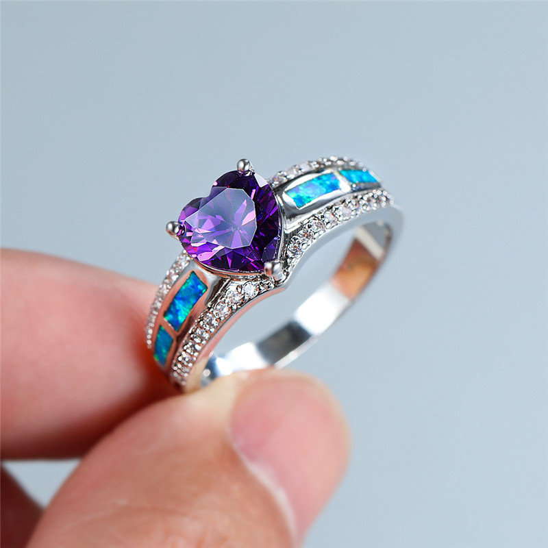 

Luxury Female Blue Opal Stone Ring Classic Silver Color Wedding Rings For Women Vintage Love Heart Crystal Engagement Ring