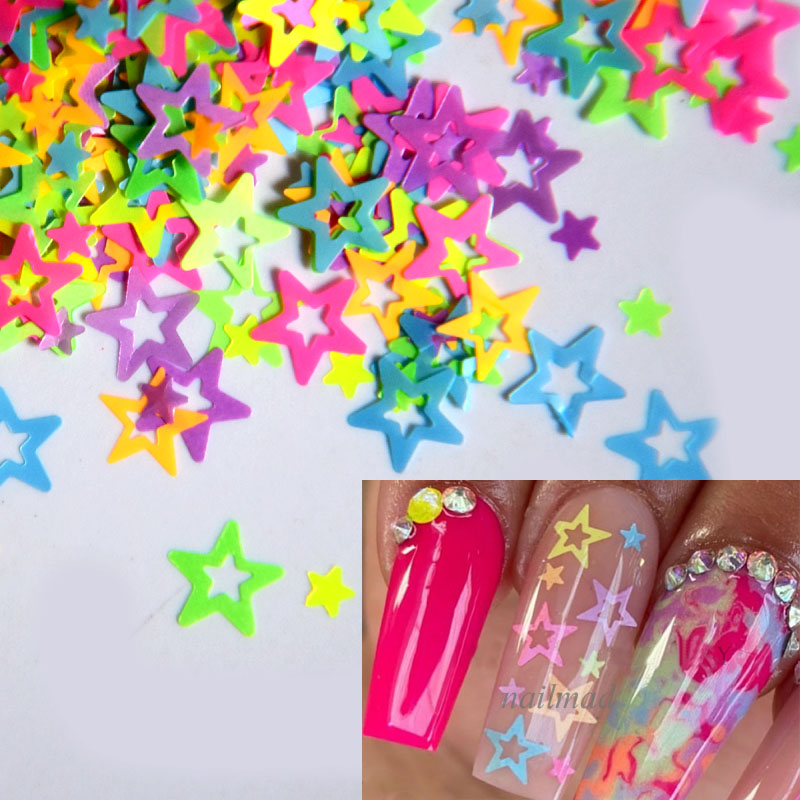 

10g/bag Neon Pigment Nail Art Glitter Fluorescent Star 3D Nail Sequins Flakes Mix Shining Acrylic Gel Nails Decoration