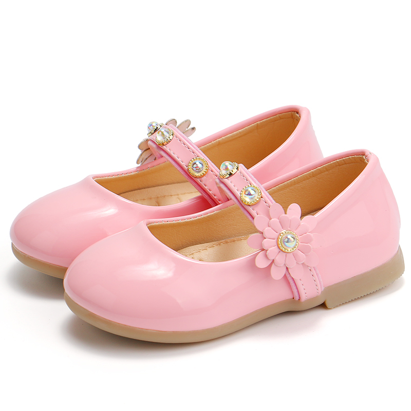 

Kids Dress Shoes Girls Leather Shoes Children Flats Princess Sweet Flowers Pearl Beading String Party Wedding 2020 Spring, Beige