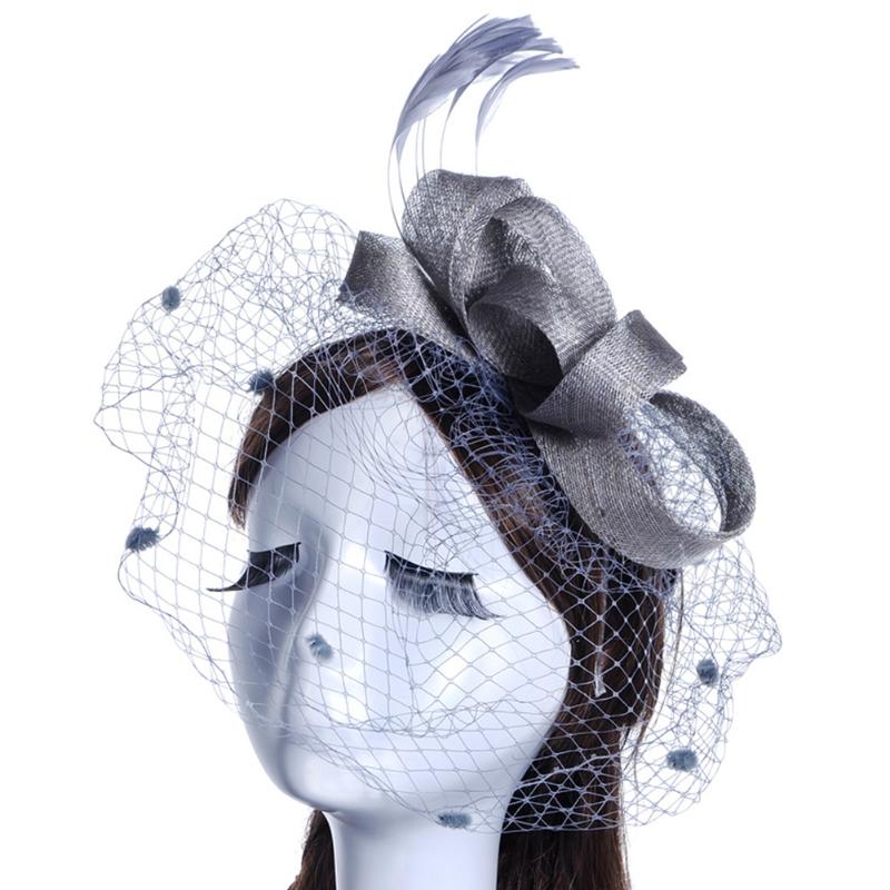 

Hair Accessory Women Bowknot Feather Mesh Day Banquet Wedding Gift Fascinator Headband Cocktail Bridal Party Hat, White