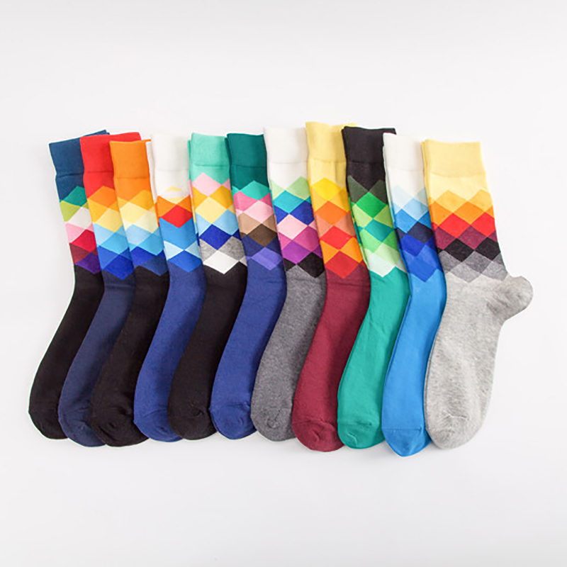 

Autumn Winter Korean Style Long Sock Sports Socks Mid Tube Socks Colorful Diamond Pattern Sock for Men Breathable Cotton, Yellow gray