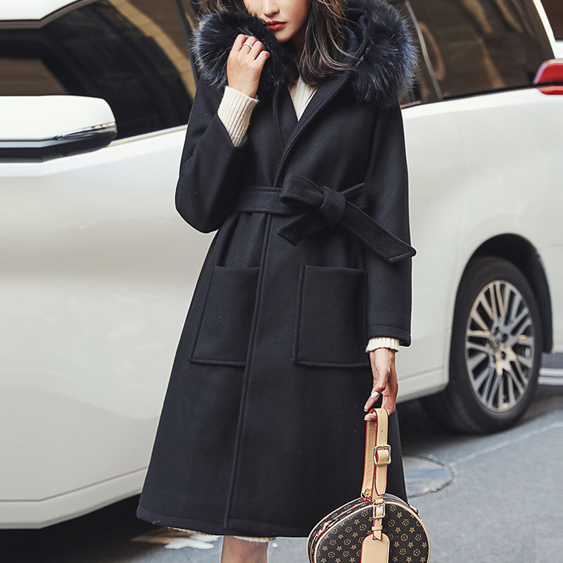 

Casual Long Wool Blend Ladies Coat Winter Black Warm Women' Jacket with Fur Hood Korean Womens Fashion Coat
