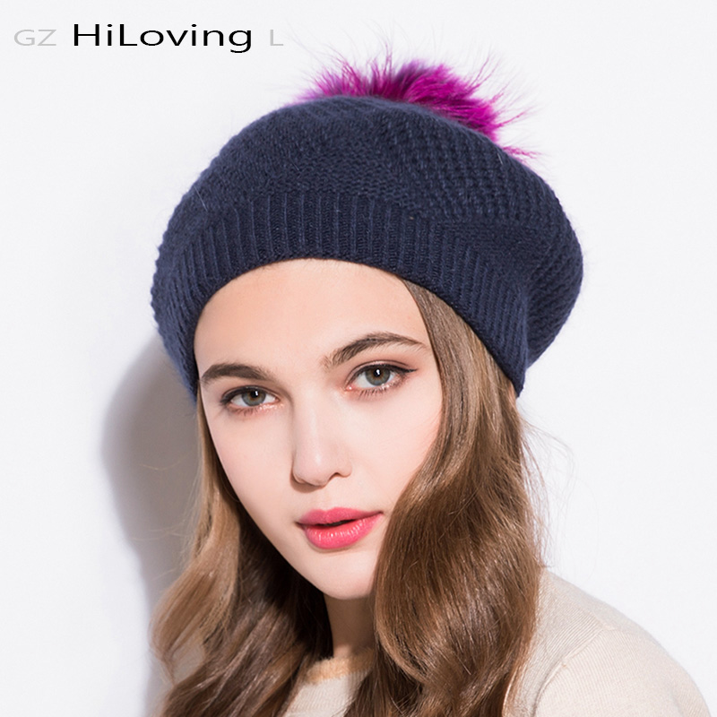 

GZhilovingL Winter Women Beanies Hat With Fur Pompom Knitted Hat Soft Warm Beret Wool Fur Cap 2020 Femal Winter Beanie Hats, Black