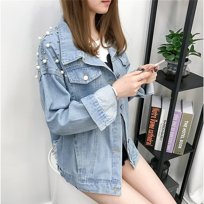 

Pearl Beading Jacket Women Button Long Sleeve Streetwear Lightweight Denim Open Front Motorcycle Jean Jacket Overcoat New E26, Blue