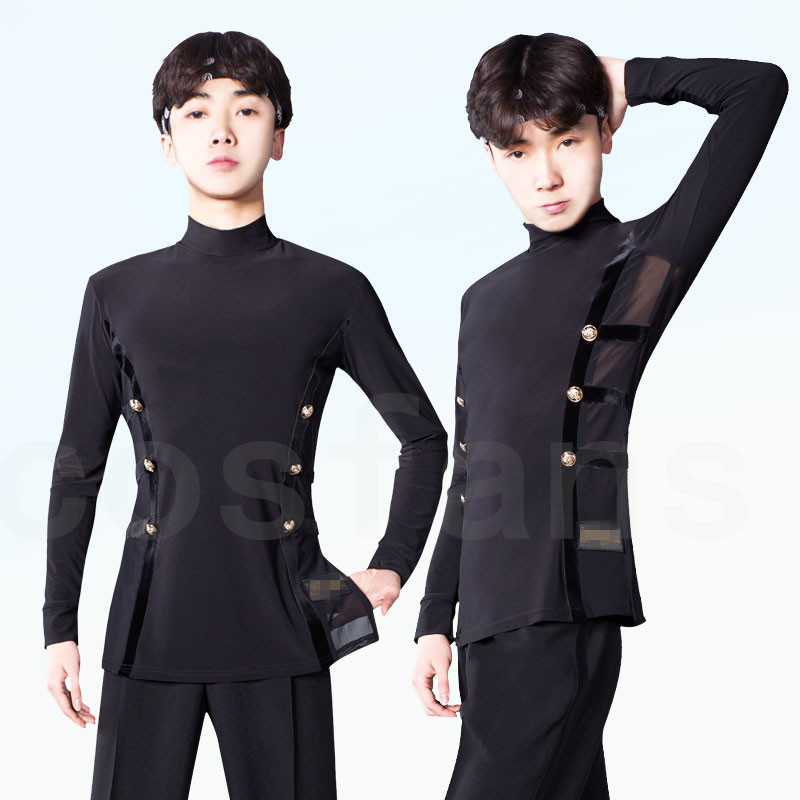 

Latin Dance Shirts Men Black Long Sleeve High Collar Competition Performance Top Male Cha Cha Rumba Tango Samba Clothes in stock, Only top