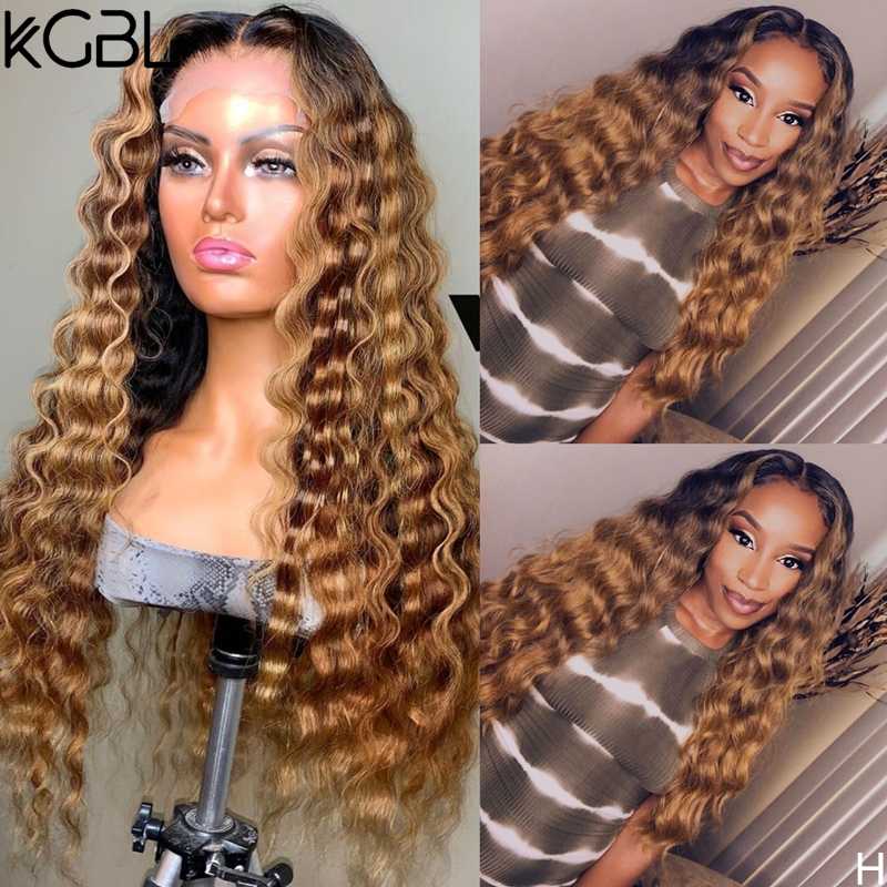

KGBL Ombre Curly T-part Lace Front Human Hair Wigs 8-24'' Brazilian 180% Density With Baby Hair Non-Remy Wigs Medium Ratio, T-part lace wig