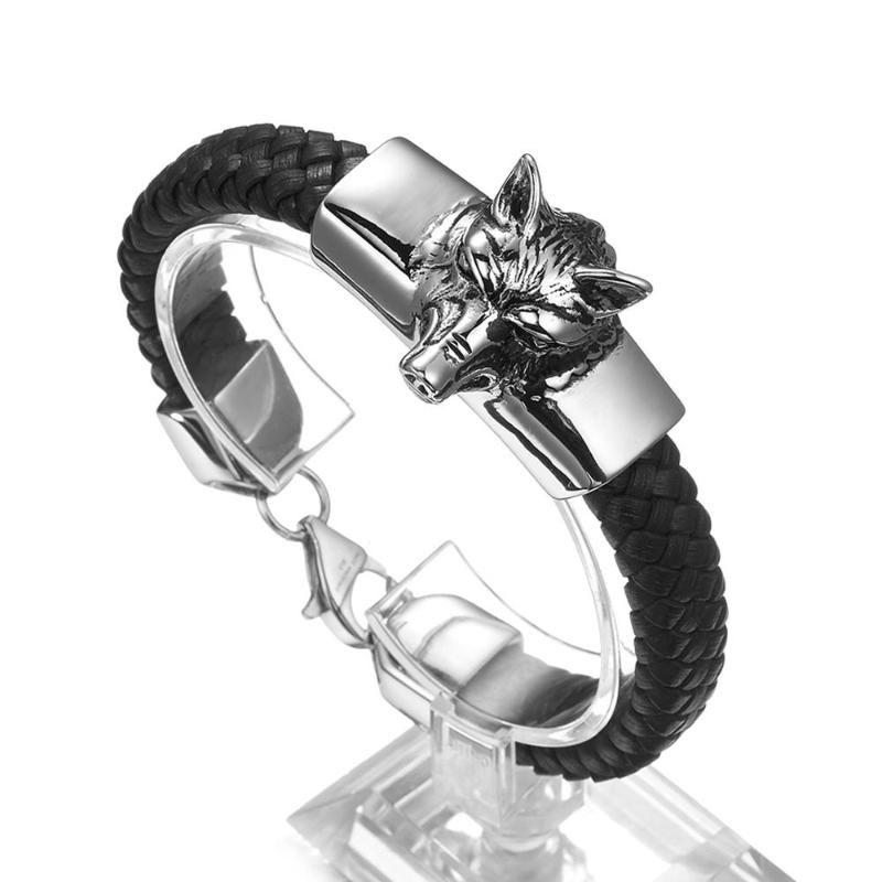 

Cool Stainless Steel Wolf Head Mens Bracelets Bangles Quality Black Genuine Leather Bracelet Men Pulseras Jewelry Gift