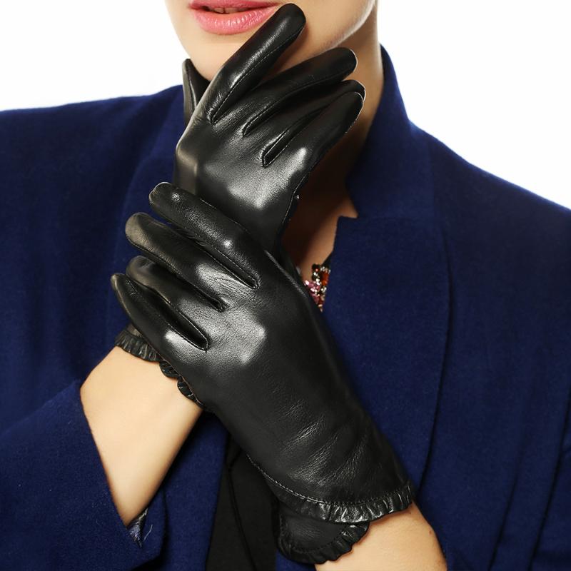 

Autumn Winter Women's Genuine Leather Gloves Female Fashion Trend Goat Skin Warm Velvet Lined Driving Gloves L001NC
