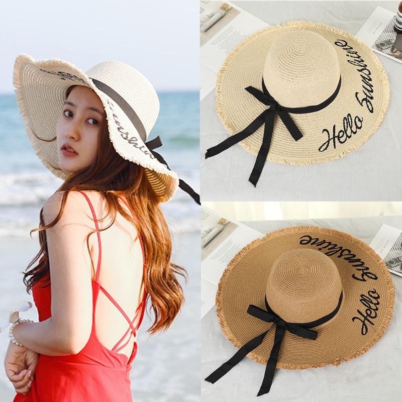 

Handmade Weave letter Sun Hats Outdoor Beach hat Summer Caps Women Black Ribbon Lace Up Large Brim Straw Hat Chapeu Feminino, White