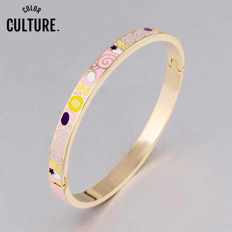 

Bangle Vintage Slim Bracelet Color Design Pattern Gold Opening For Women Mother Enamel Bracelets Birthday Gift