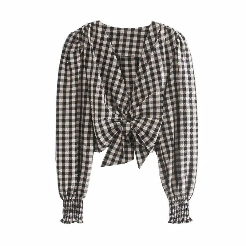 

2020 New Summer Women Shirt plaid check full sleeves blouse Tops bow Casual Ladies Female Shirts Femme Mujer Blouse