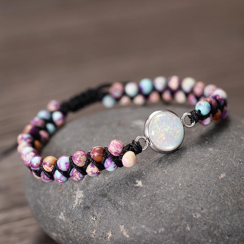 

Handmade Opal Charm Bracelets Women Braided Love Double Layers Stones Beaded Wrap Bangles