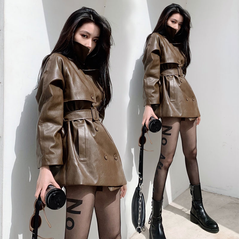 

PU Leather Loose Mid-Length Coats Motorcycle Double Breasted Jackets For Women Autumn Women's Short Coats, Black;brown