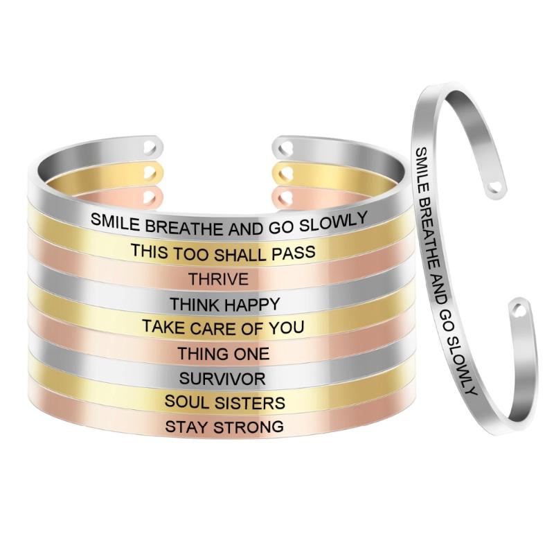 

10pcs Stainless Steel Engraved Positive Inspirational Quote Hand imprint Cuff Mantra Bracelet Bangles For Man Women SL-052*10