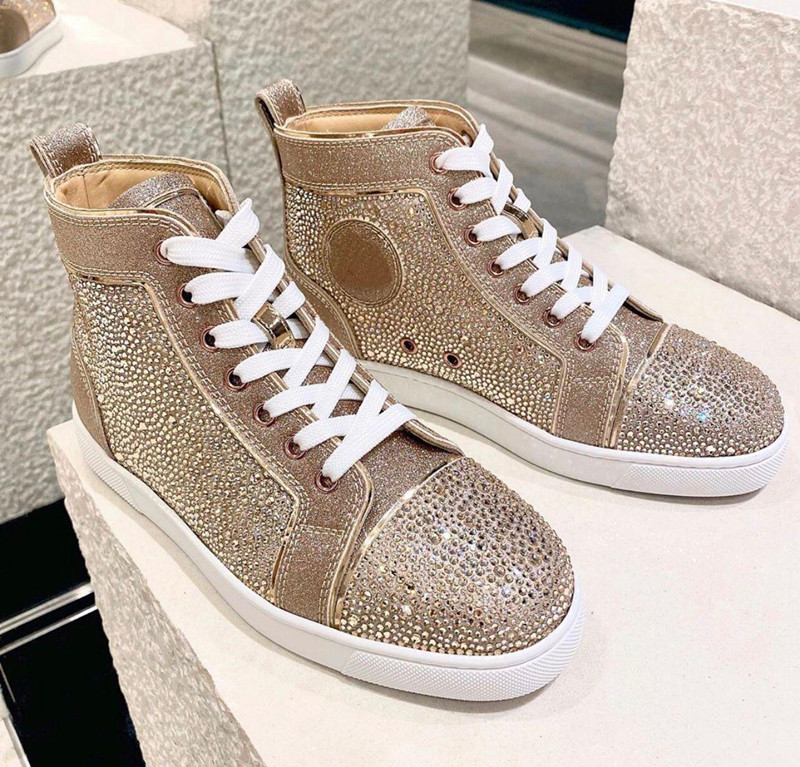 

[Original Box] Luxury High Top Men's Red Bottom Sneaker Luxury Party Wedding Shoes Rhinestone Strass Low-up High Quality Casual Shoes, As is shown in