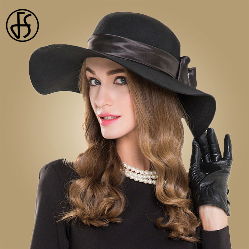 

Stingy Brim Hats FS Black Hat Women Large Wool Fedora For Bowknot Bowler Girls Felt Autumn Winter Chapeau Cloche Caps Red Wine, Black wool fedora