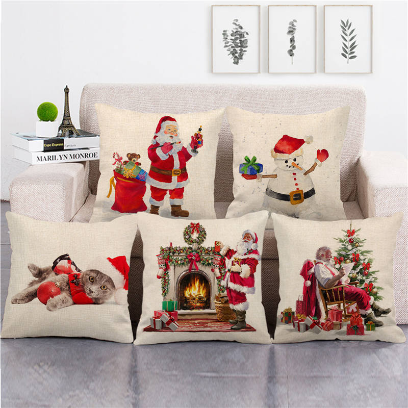 

simple Christmas dog cat with hat and Santa claus throw cushion cover linen/cotton sofa pillow cover decorative pillow case
