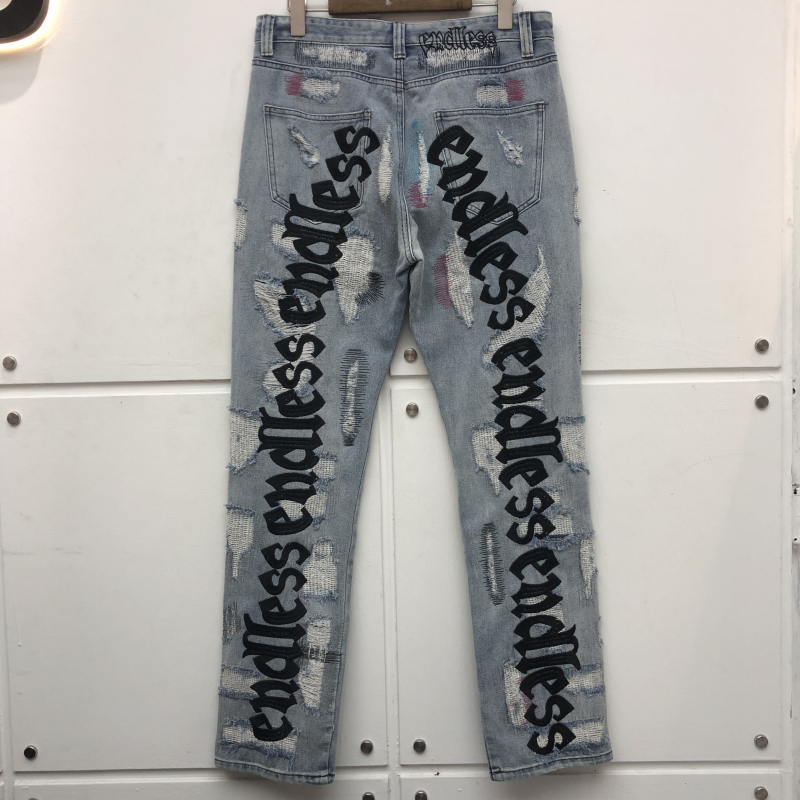 

Men's Jeans Denim Men Women Top Quality Streetwear Pants Damage Hole Distressed Cowboy Letter Embroidery