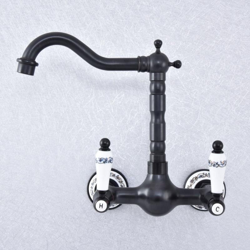 

Black Oil Rubbed Brass Bathroom Kitchen Sink Basin Faucet Mixer Tap Swivel Spout Wall Mounted Dual Ceramic Handles msf709