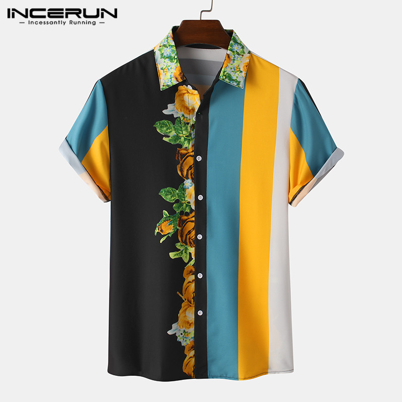 

INCERUN Fashion Men Hawaiian Shirt Lapel Short Sleeve Print Patchwork Casual Blouse 2020 Beach Streetwear Camisa Masculina -3XL, Green