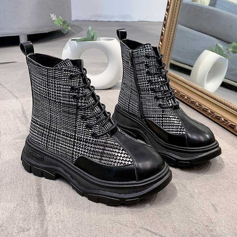 

2020 Winter Women Chunky Ankle Boots Luxury Designers Women's Platform Boots Plaid Designers Brand Fashion Sneakers Woman Shoes, Black