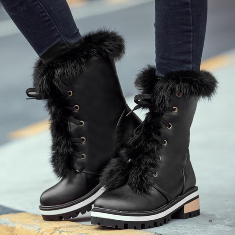

Plush Boots Women Winter Square Heels Lace-up Mid Boot Keep Warm Snow Shoes Botas Mujer Solid Women Boots Dames Laarsjes, Black