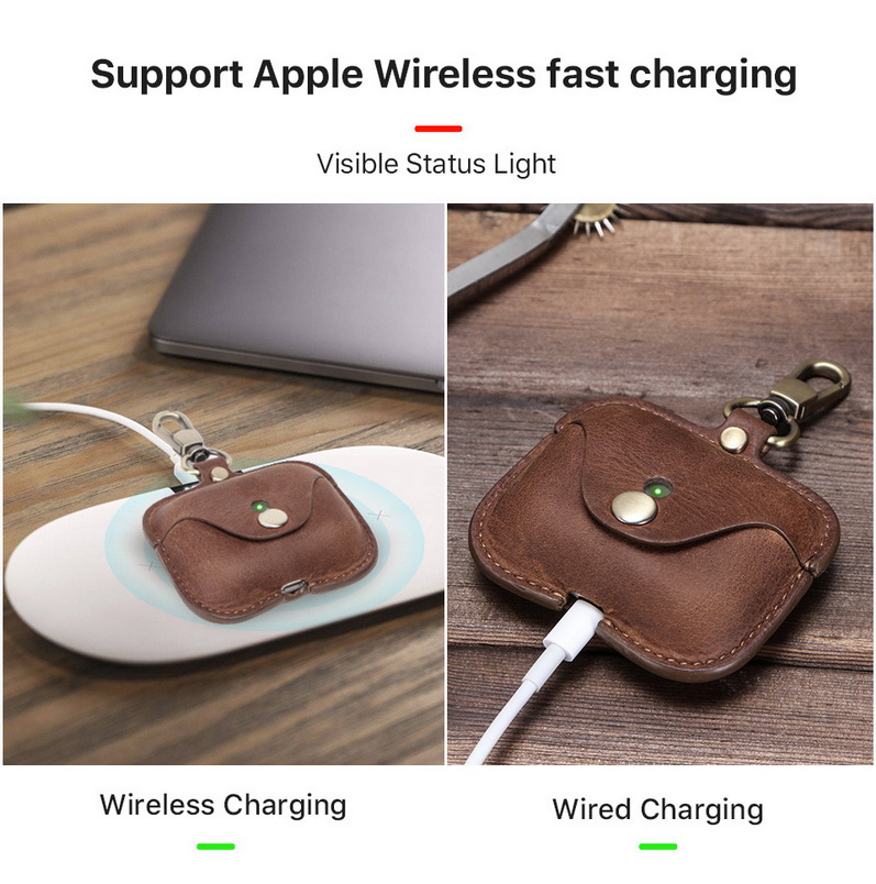 

2020 Premium Genuine Leather Protector Shell for Airpods Pro Fashion Hook Clasp Keychain Anti Fall Support Wireless Fast Charging