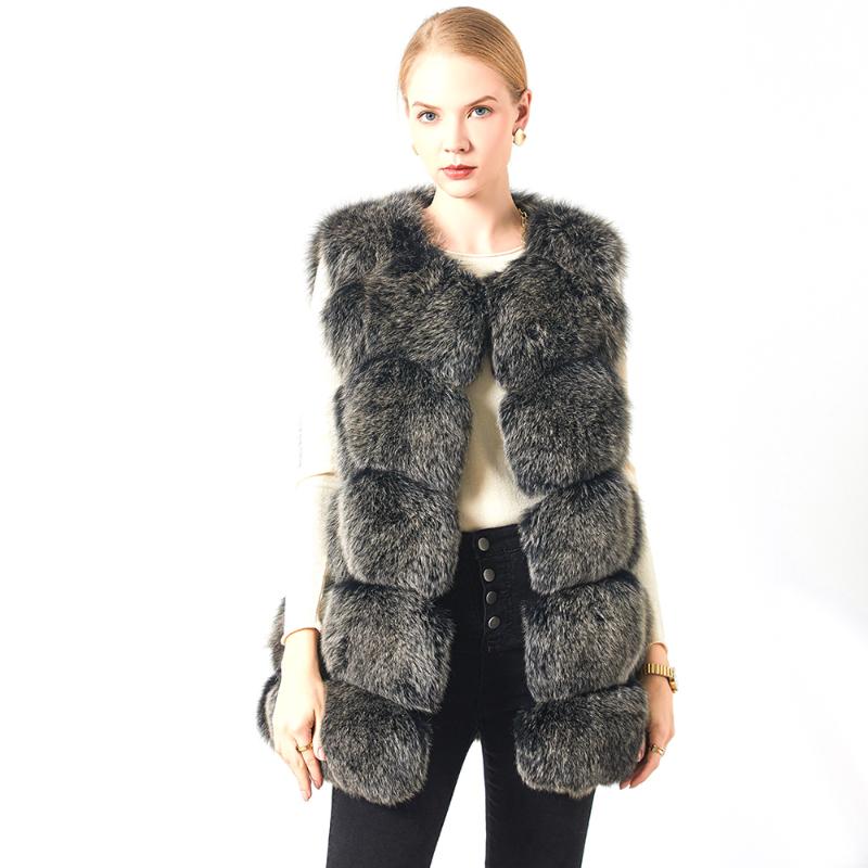 

Hot Selling Fluffy Gilet Ladies Waistcoat Woman 70cm Long Genuine Fur Sleeveless Coat Custom Women Real Fur Vest, Black frost