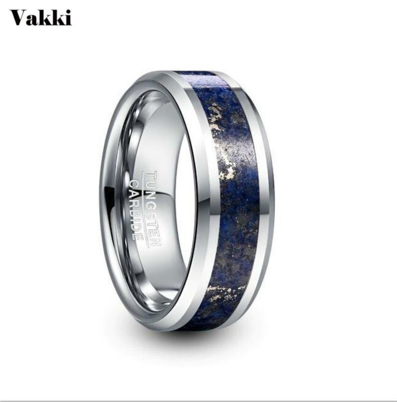 

VAKKI 8mm Wide Tungsten Steel Men's Ring Tungsten Carbide Ring Wedding Engagement Steel Color Inlaid Lapis Punk Men Jewelry