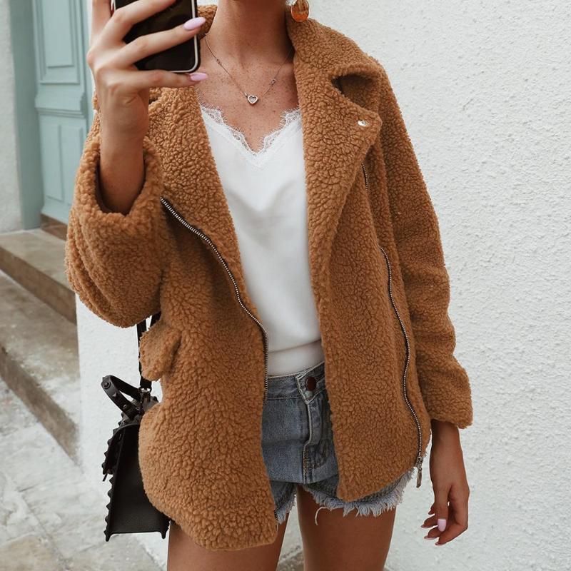 

Plush Coat Plus Size Women Autumn Winter Fluffy 2020 Solid Long Sleeve Lapel Zipper Fake Fur Wollen Coat Soft Female Overcoat, Black