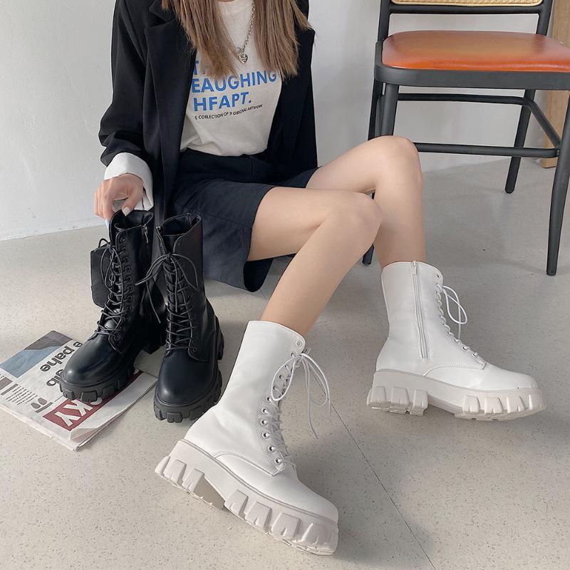 

British Designer Women Luxury Knee High Leather Boots Brand Casual Med Thick Heels Shoes Vintage Motorcycle White Boots Platform, Black