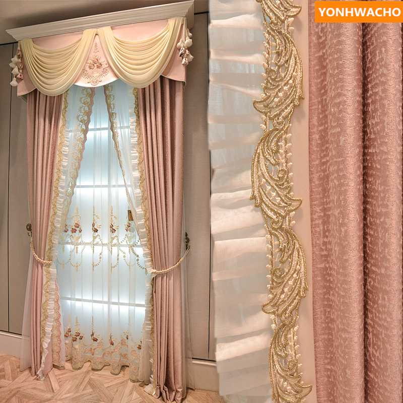 

Custom curtains American cotton jacquard simple modern living room bedroom pink cloth blackout curtain tulle valance drape B251, Tulle sheer