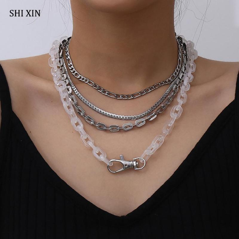 

SHIXIN 4 Pcs Punk Layered Chunky Chain Choker Necklace Colar Set for Women Hip Hop Stainless Steel Necklace Neck Fashion Jewelry