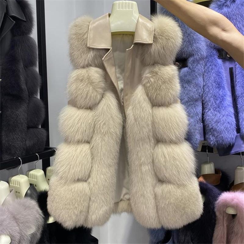 

2020 winter new full pelt real fur stitching sheep leather vest women's lapel mid-length sleeveless fur coat, Light gray