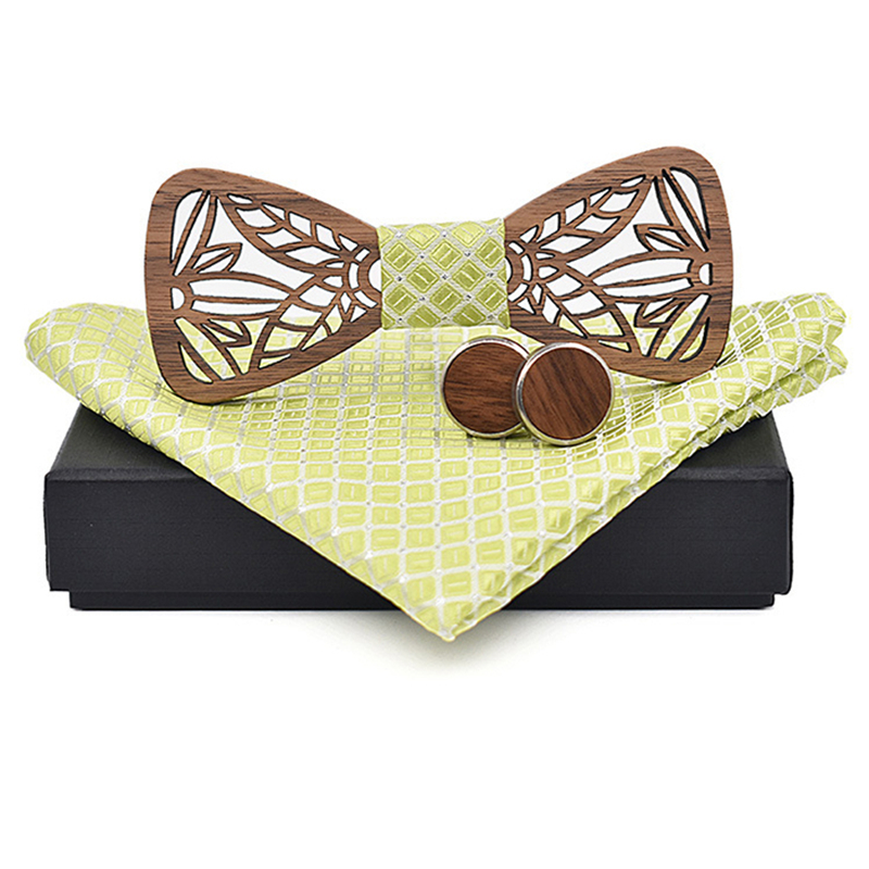 

dropshipping wood bow tie set flower women walnut wooden bowtie gifts for him with cufflink kerchief