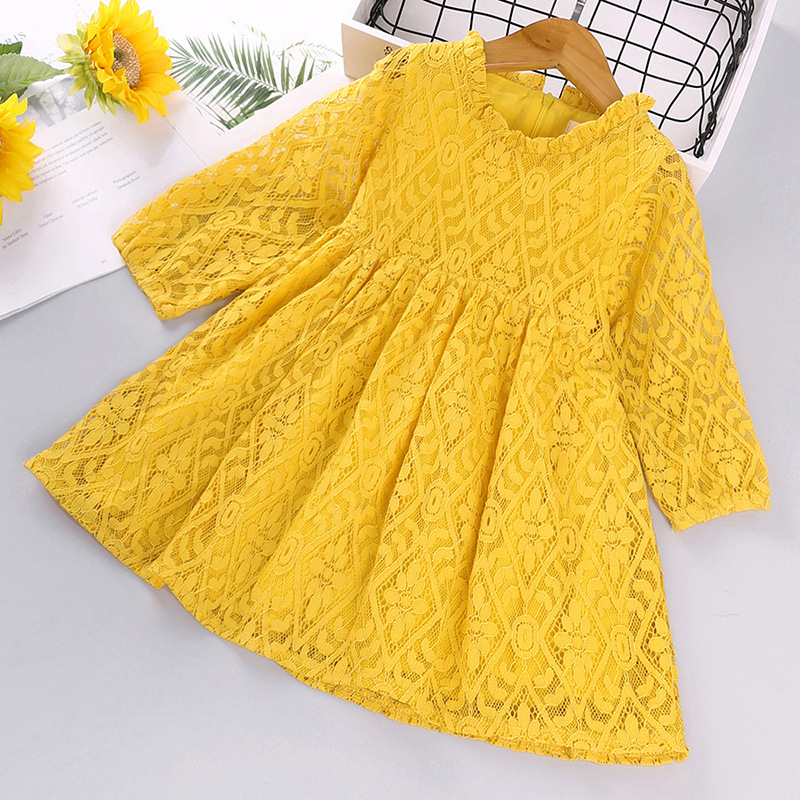 

2020 Autumn And Winter Christmas Girls Dress Long Sleeve Hollow Princess Dress Korean Kids Casual Skirt Baby Children Clothing, Yellow